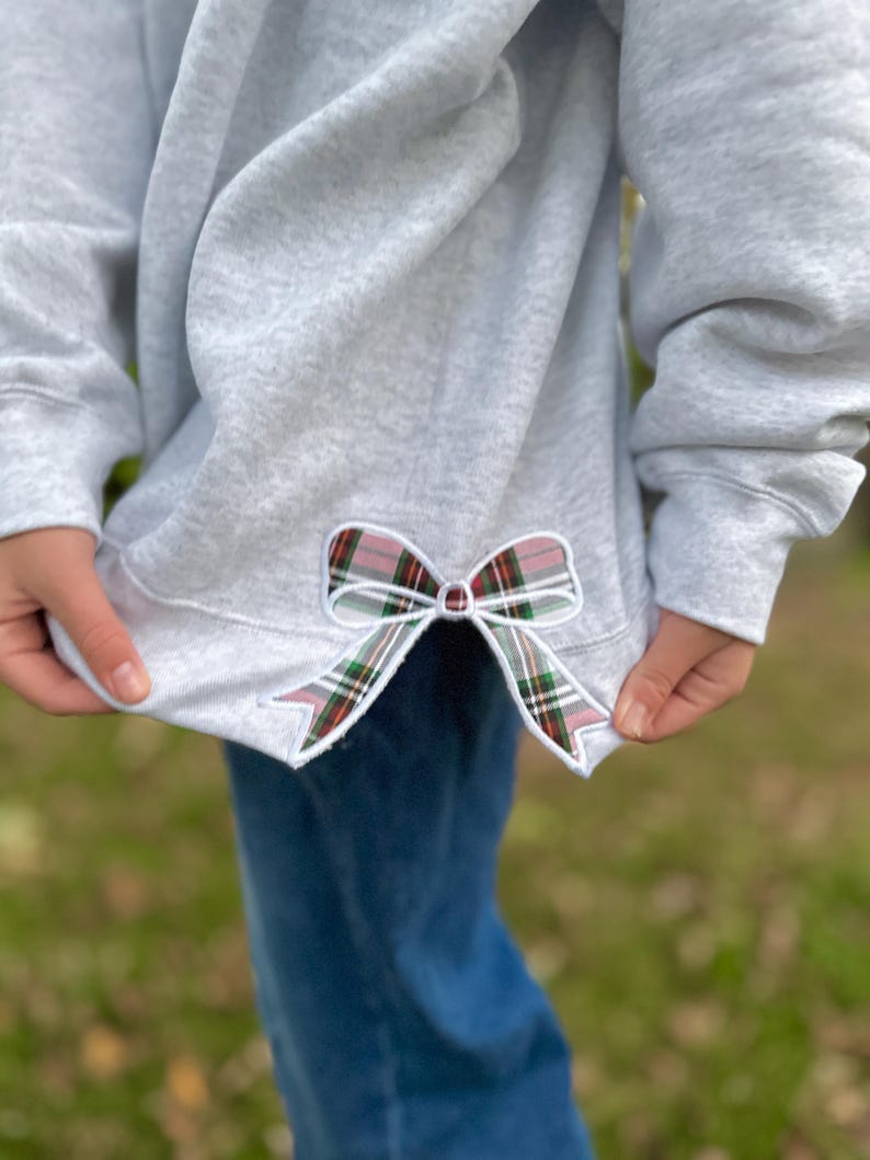 Embroidery Plaid Holiday Side Bow Sweatshirt