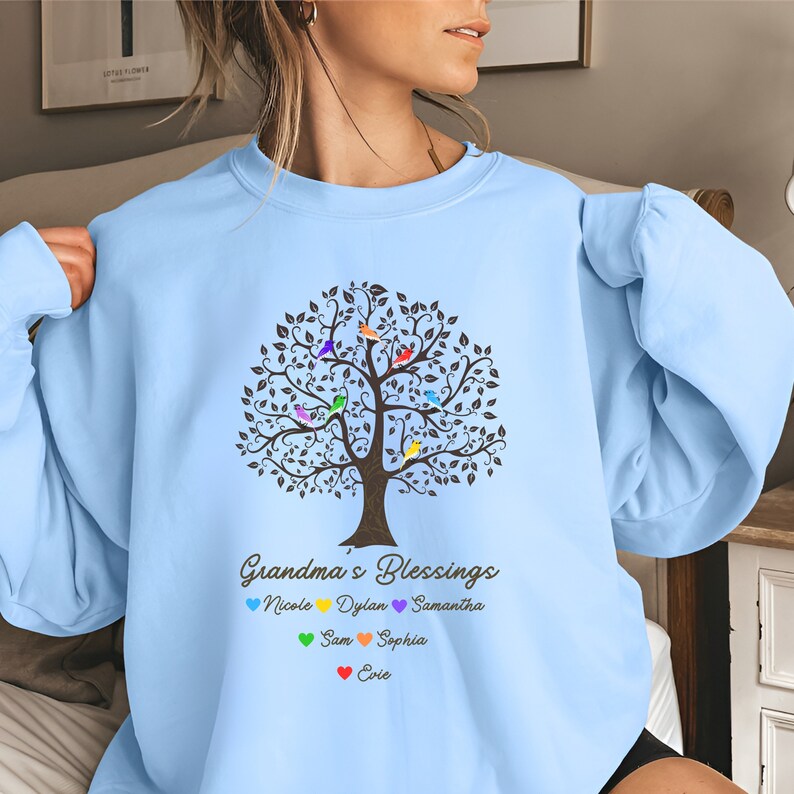 Custom Grandma Sweatshirt with Grandkids Names Personalized Grandma's Blessings Sweatshirt Bird