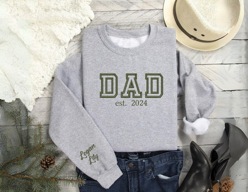 Custom Dad Embroidery Sweatshirt, Personalized Papa Hoodie With Kids Names On Sleeve