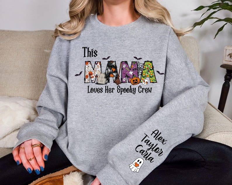 This Mama Loves Her Spooky Crew Sleeve Sweatshirt, Custom Ghost Kids, Personalized Halloween Sweatshirt