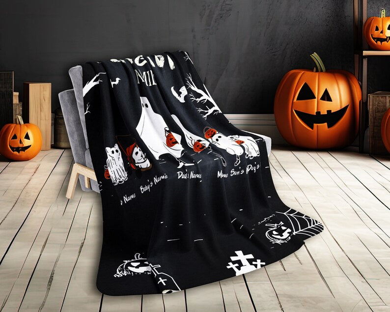 Personalized Halloween Ghost Family Blanket Portrait with Pets Bedding Decor