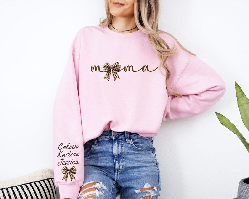 Custom Mama Leopard Sweater With Kids Name On Sleeve, Coquette Bow Mama Sweater Gift