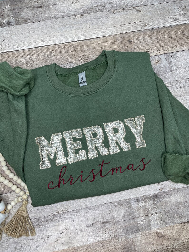 Personalized Merry Christmas Glitter Embroidered Sweatshirt