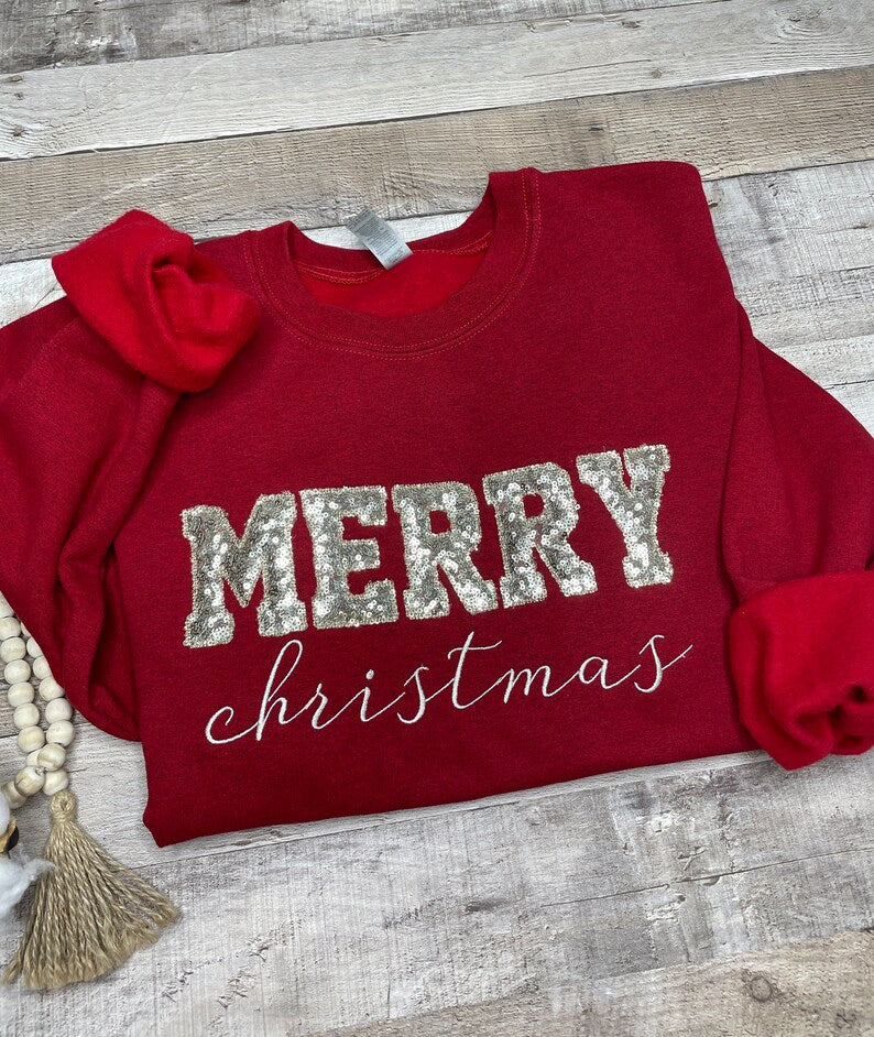 Personalized Merry Christmas Glitter Embroidered Sweatshirt