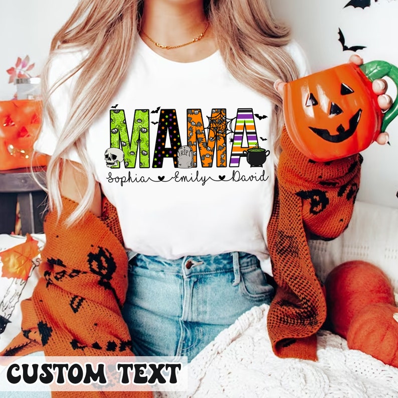 Mama Halloween Shirt, Personalized Mom Shirt for Halloween, Custom Mama Shirt with Kids Name, Halloween Gift For Mom