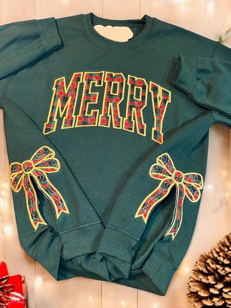 Embroidered Merry Side Bow Cut-Out Sweatshirt