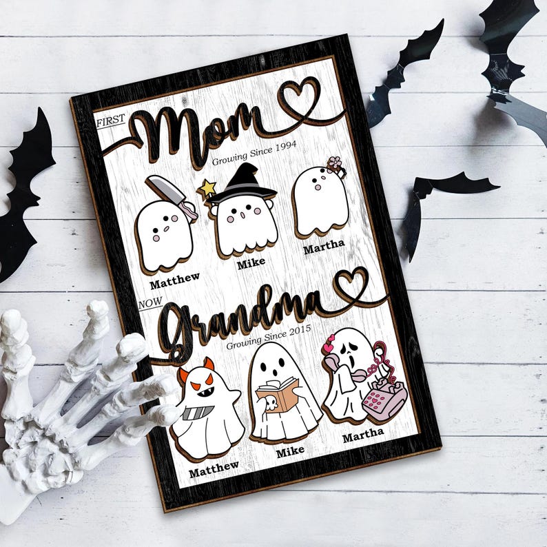 First Mom Now Grandma Personalized Spooky Halloween Ghosts Frame Wooden Sign