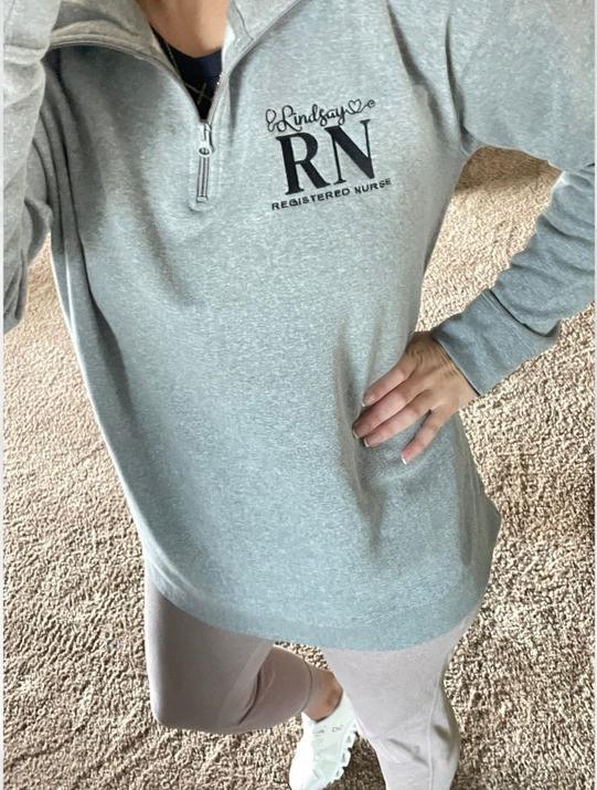 Personalized Nurse Embroidered Quarter Zip Sweatshirt With Sleeve Text