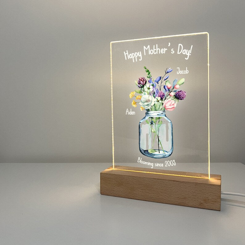 Custom Personalized Flowers Wood Stand Night Light Up Lamp Wooden LED Mom Gift