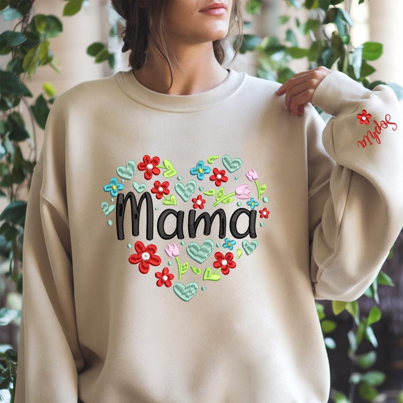 Custom Heart Flower Mama Embroidery Sweatshirt, Gift for Grandma, Mom, Her