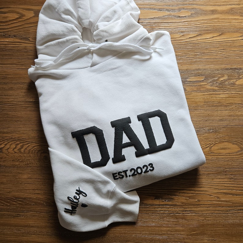 Personalized Dad Sweatshirt with Kid Names on Sleeve, Embossed Dad Hoodie