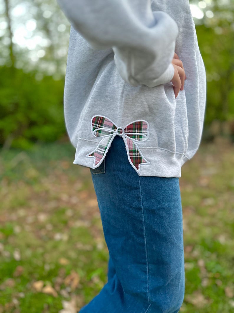 Embroidery Plaid Holiday Side Bow Sweatshirt