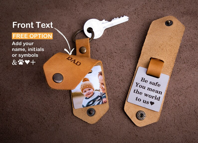 Best gift for Dad from Daughter embossed leather photo key chain, key chain for dad