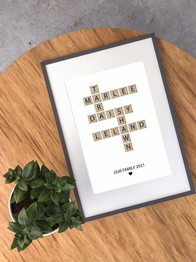 Personalized Family Name Sign, Crossword Scrabble Print