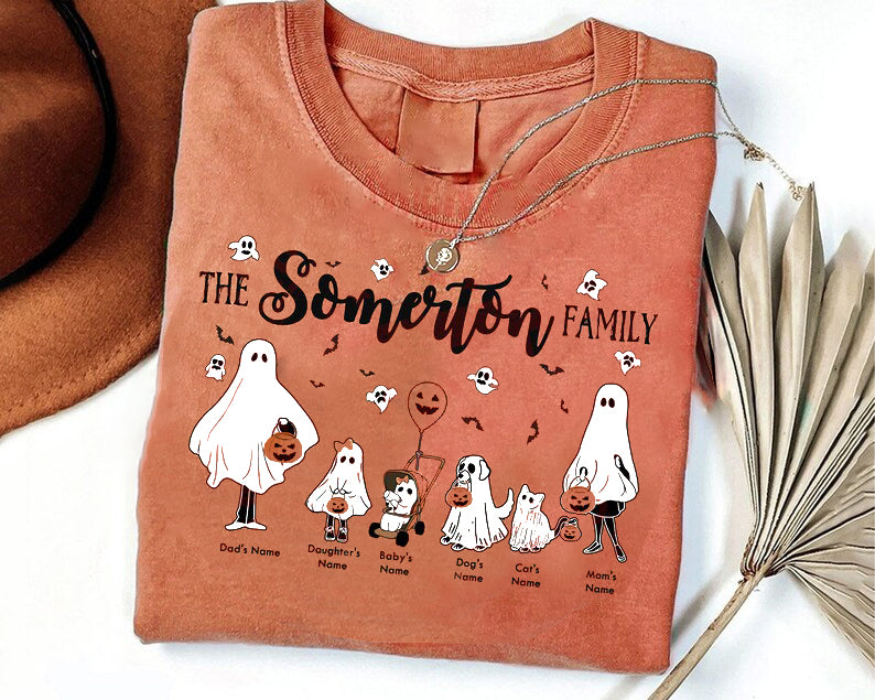 Personalized Halloween Ghost Family Shirt, Custom Family Portrait with Pets Tee