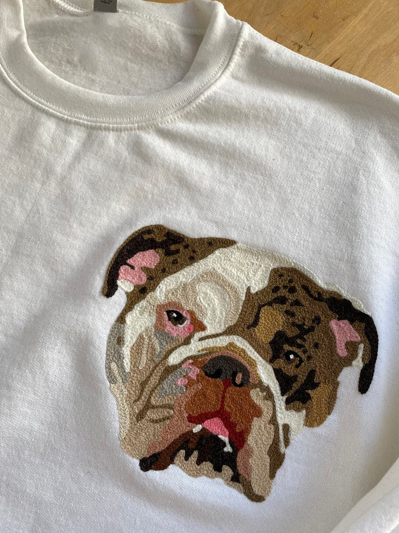 Custom Handmade Handcranked Chainstitch Embroidered Pet Portrait Sweatshirt