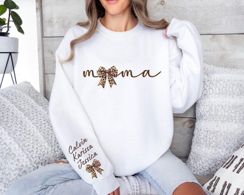 Custom Mama Leopard Sweater With Kids Name On Sleeve, Coquette Bow Mama Sweater Gift