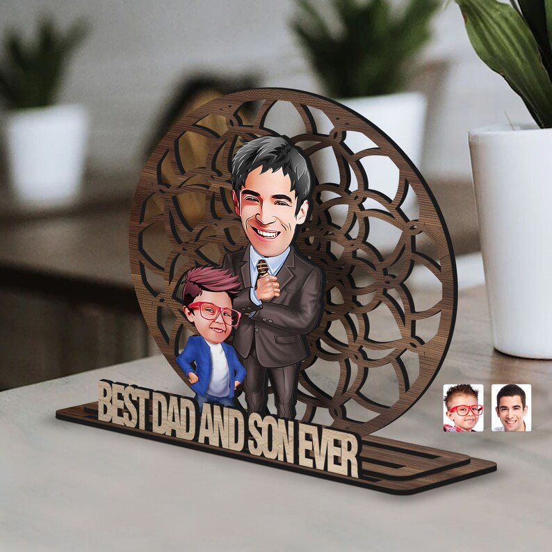 Personalized 3D Wooden Cartoon Father's Day Figurine Trinket, Custom Caricature Portrait, Style 4