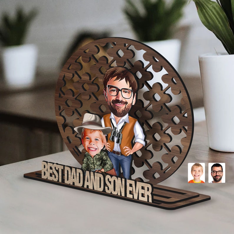 Personalized 3D Wooden Cartoon Father's Day Figurine Trinket, Custom Caricature Portrait, Style 1