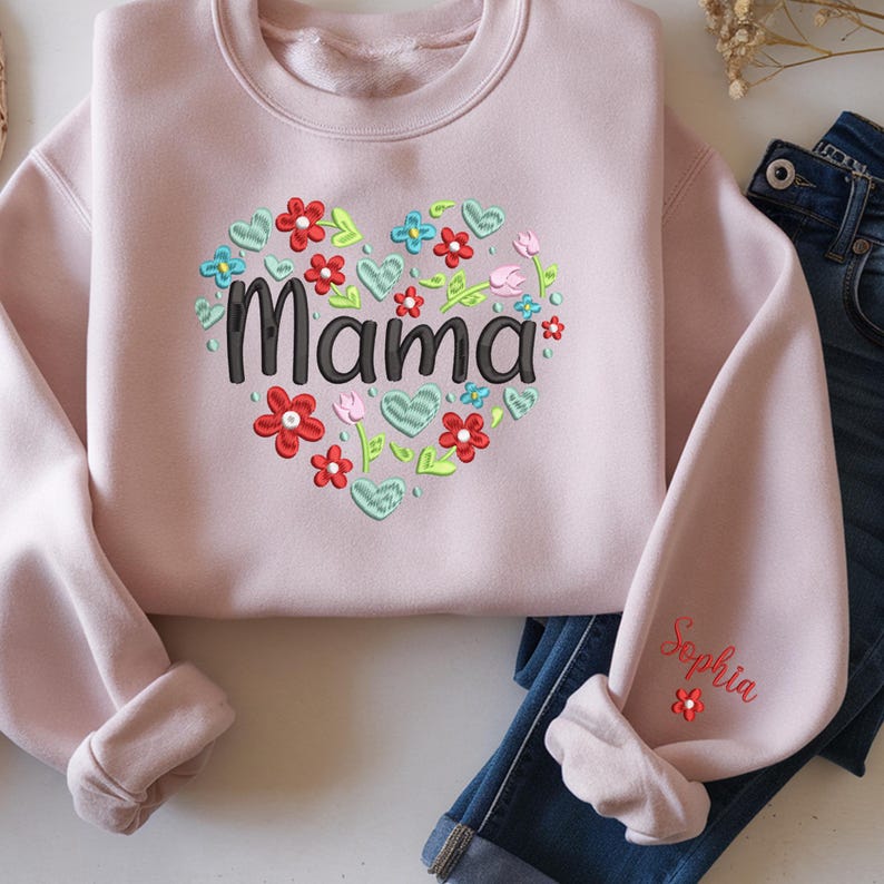 Custom Heart Flower Mama Embroidery Sweatshirt, Gift for Grandma, Mom, Her