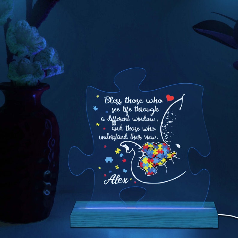 Custom Personalized Autism Mom 3D Multicolor Led Light Wooden Base, Mother's Day Gift