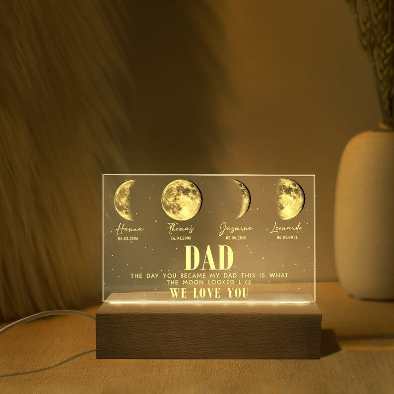 Custom The Day You Became My Dad Moons Phase Light Plaque With Kids Names