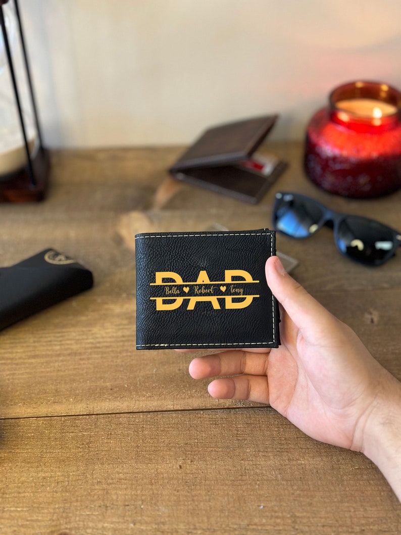 Personalized Kids Name Leather Wallet for Dad, Custom Father's Day Gift