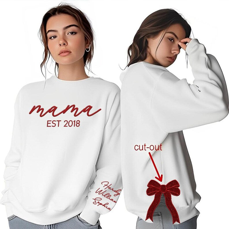 Personalized Mama Embroidered Glitter Side Bow Sweatshirt