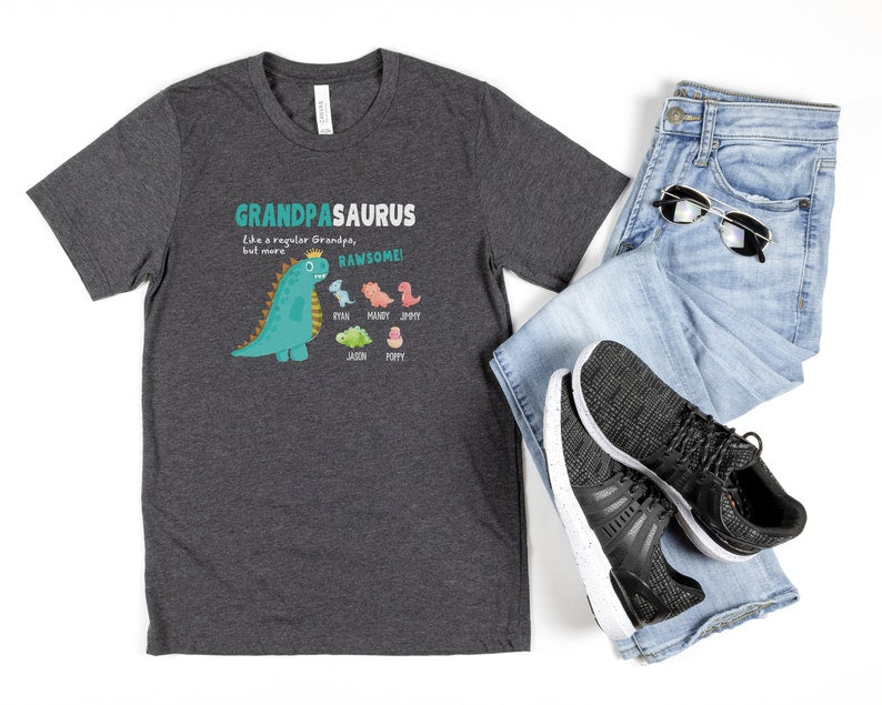 Personalized Grandfather With Grandkids Name Dinosaur Tshirt, Grandpasaurus Short Sleeve Tee