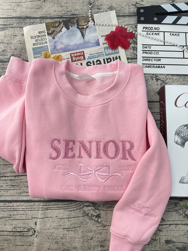 Custom Senior Coquette Bow Embroidered Glitter Sweatshirt