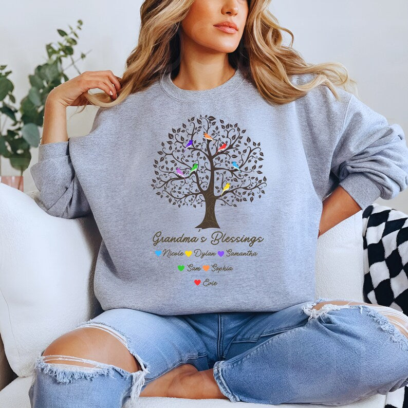 Custom Grandma Sweatshirt with Grandkids Names Personalized Grandma's Blessings Sweatshirt Bird