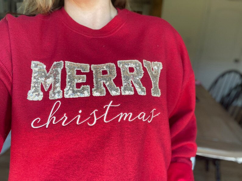 Personalized Merry Christmas Glitter Embroidered Sweatshirt