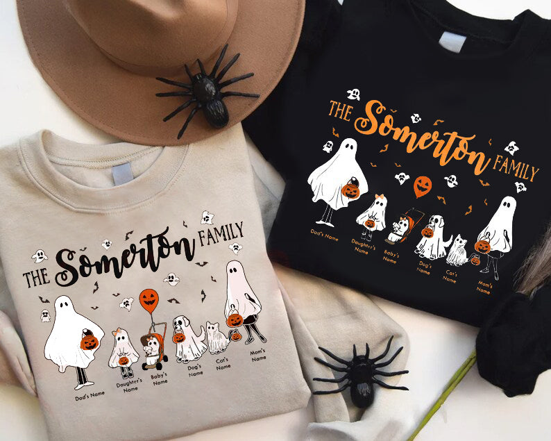 Personalized Halloween Ghost Family Shirt, Custom Family Portrait with Pets Tee