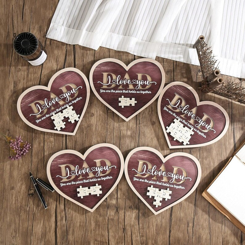 Personalized Dad Puzzle Heart Frame Wood Sign With Kids Name For Father's Day Gift