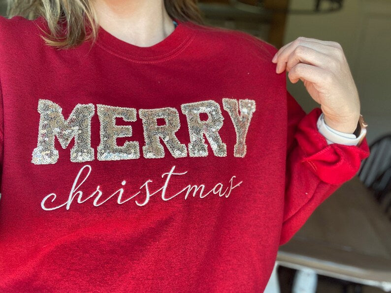 Personalized Merry Christmas Glitter Embroidered Sweatshirt