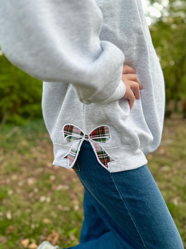 Embroidery Plaid Holiday Side Bow Sweatshirt