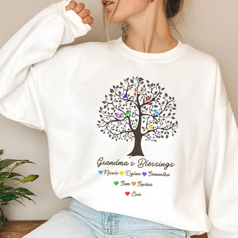 Custom Grandma Sweatshirt with Grandkids Names Personalized Grandma's Blessings Sweatshirt Bird