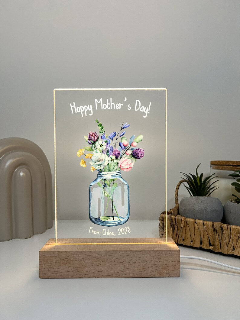 Custom Personalized Flowers Wood Stand Night Light Up Lamp Wooden LED Mom Gift