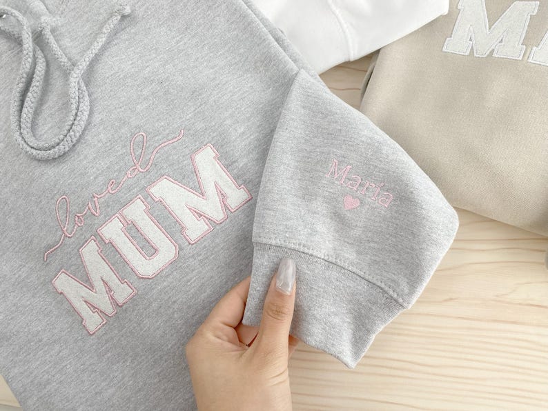 Custom Embroidered Mama Sweatshirt with Child's Name on Sleeve, Personalized Mom Shirt