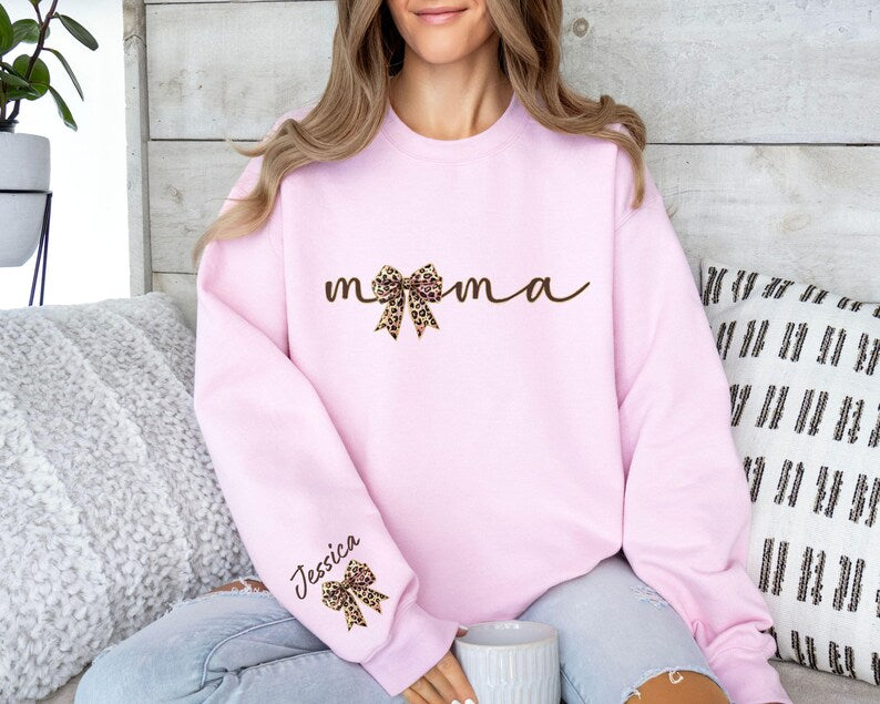 Custom Mama Leopard Sweater With Kids Name On Sleeve, Coquette Bow Mama Sweater Gift