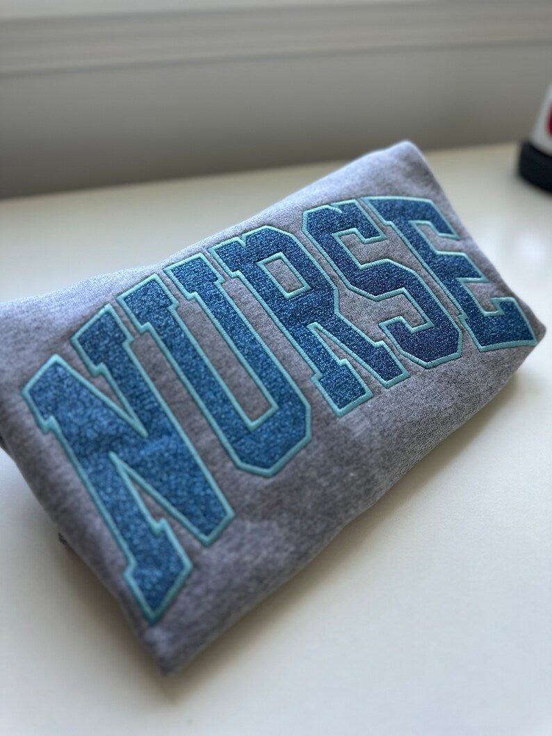 Glitter Nurse Sweatshirt - Custom Embroidered Nursing Crewneck with Glitter Detail