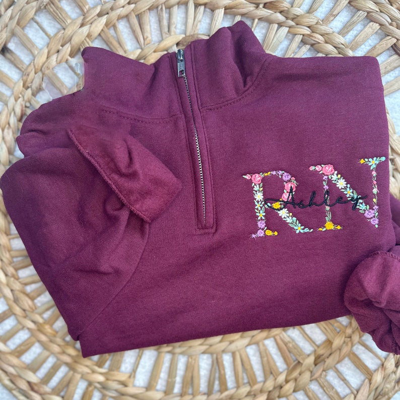 Personalized Embroidered Nurse Floral Sweatshirt Rn Quarter Zip