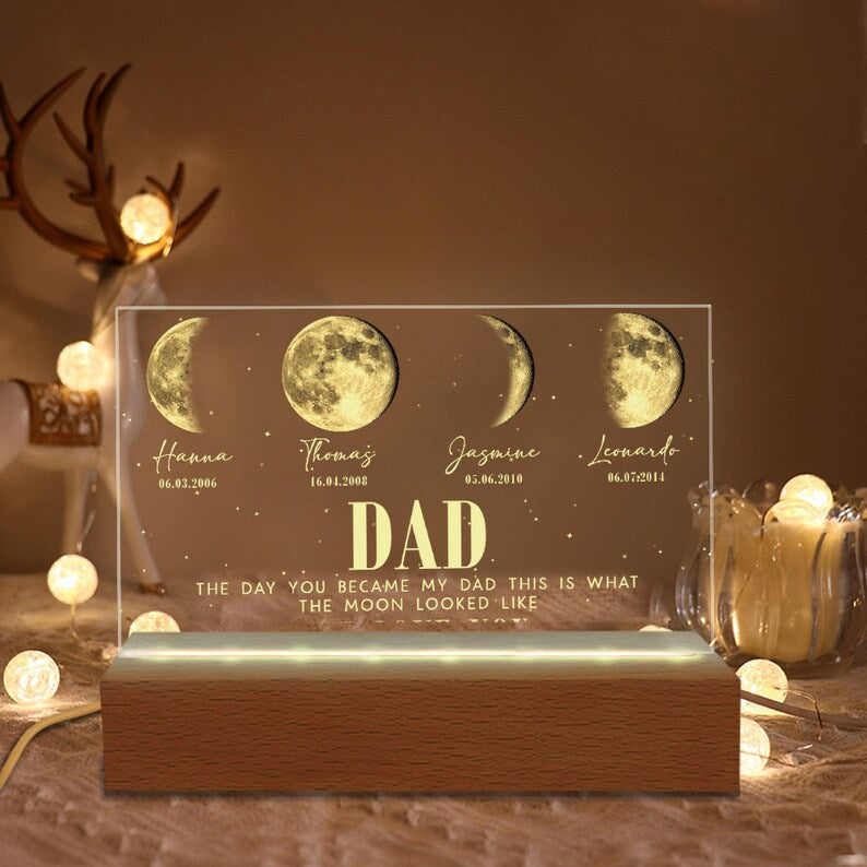 Custom The Day You Became My Dad Moons Phase Light Plaque With Kids Names