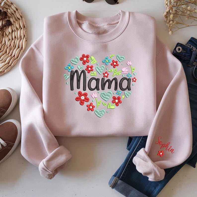 Custom Heart Flower Mama Embroidery Sweatshirt, Gift for Grandma, Mom, Her