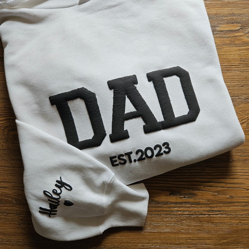 Personalized Dad Sweatshirt with Kid Names on Sleeve, Embossed Dad Hoodie