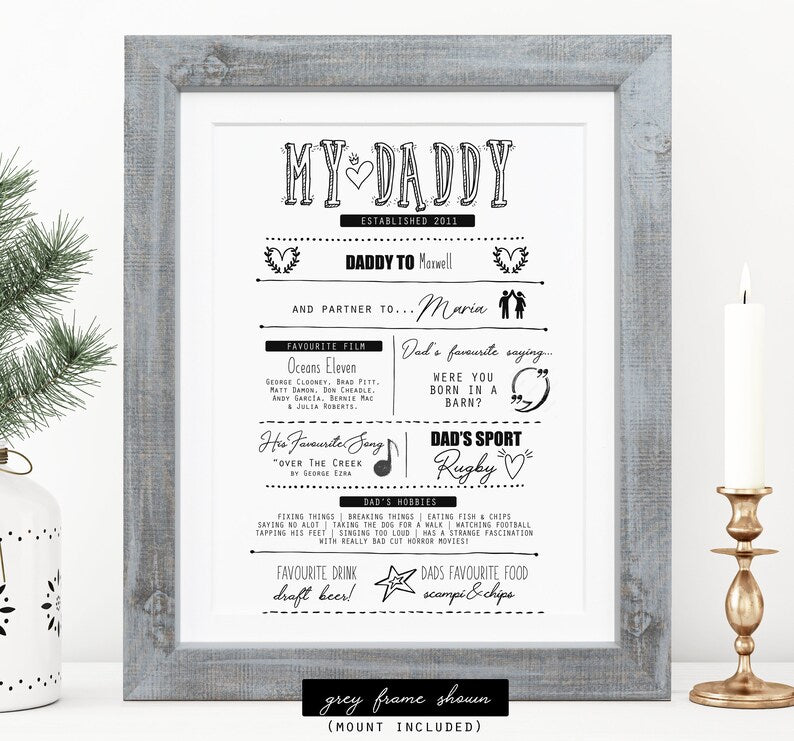 Custom Father's Day Art Wooden Frame, Personalised Family Fathers Day Gift, Dad Print