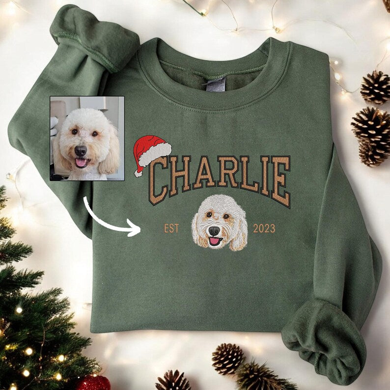 Custom Christmas Embroidery Pet Portrait Sweatshirt