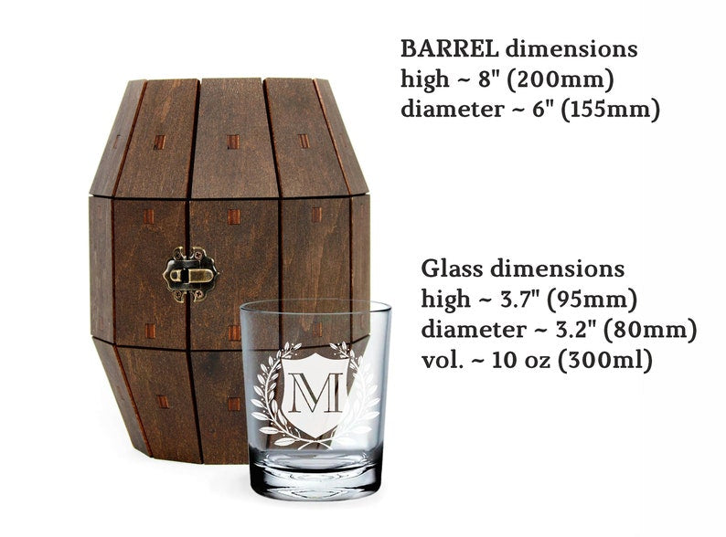 Personalized Whiskey Glasses Set in a Wooden Barrel, Fathers Day gift