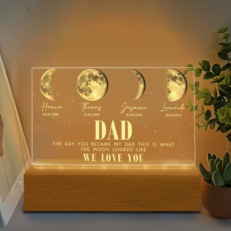 Custom The Day You Became My Dad Moons Phase Light Plaque With Kids Names