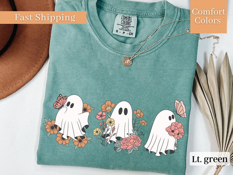 Comfort Colors Retro Ghost Shirt, Vintage Floral Ghost Halloween Shirt